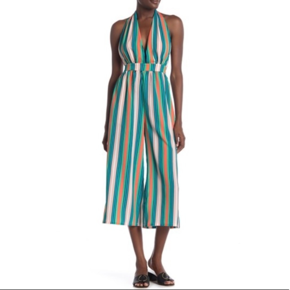 Know One Cares Striped Halter Cropped Jumpsuit Size Large